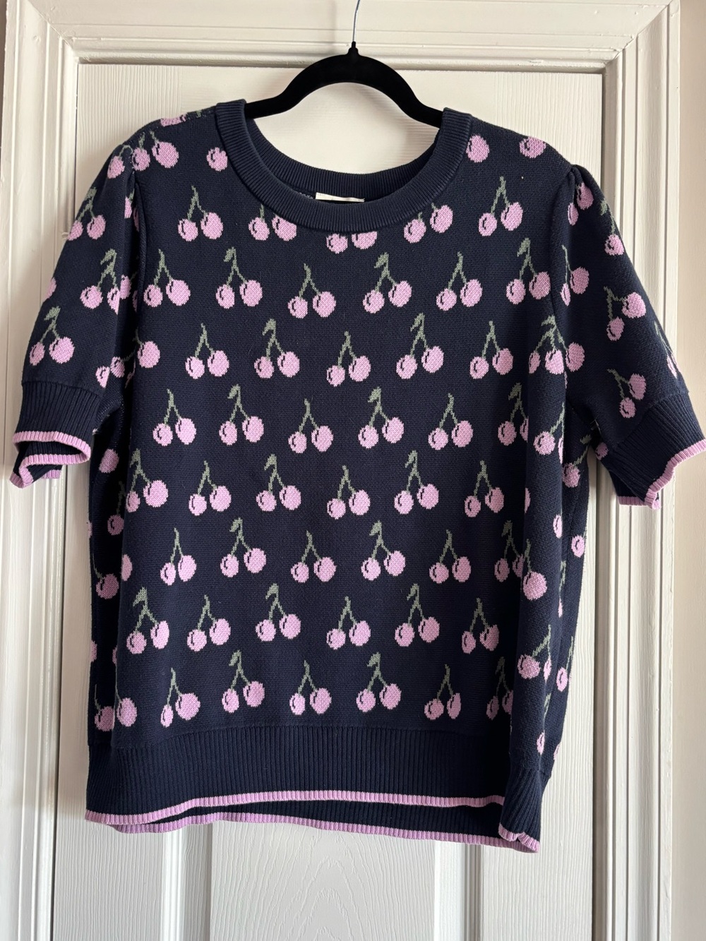 On 34th Short-Sleeve Cherry Sweater Top- Purple Cherry Print